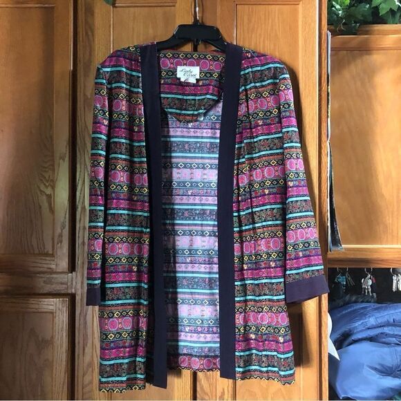 Vintage Lady Carol of NY Pink Floral & Striped Open Jacket Size 14 - Picture 1 of 13